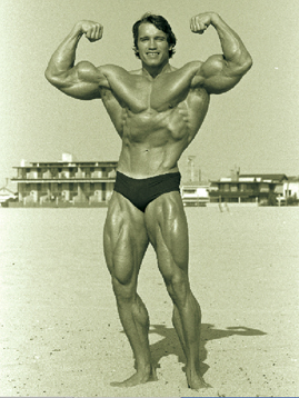 Arnold Schwarzenegger at the beach (John Balik photo) - Mr. America vs. Arnold and the Ultimate Muscle Hypertrophy Method