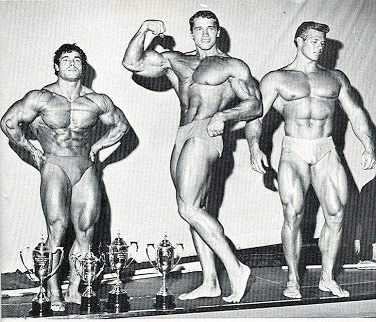 Franco Columbu, Arnold Schwarzenegger, and Jim Hislop on stage - Moment of Bodybuilding Zen 8: Jim Haislop, Mr. America