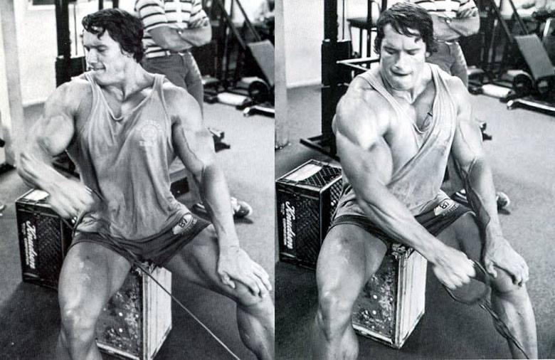 Arnold doing one-arm cable lateral raises