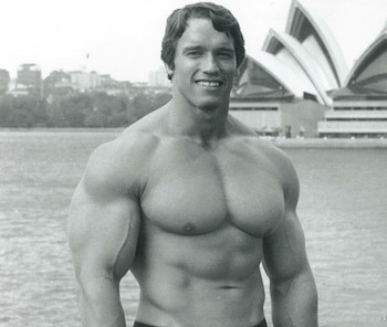 Bulked up Arnold by the water in Australia, cropped photo (full-size in article)