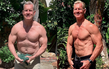 Steve Holman in a smooth most muscular *before* pic compared to a lean-and-muscular side pose *after* pic
