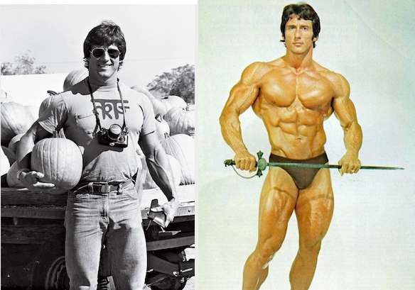 Frank Zane in clothes vs. a physique shot holding a sword