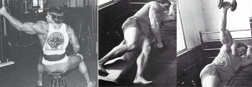 Arnold doing seated one-arm cable laterals and incline one-arm laterals