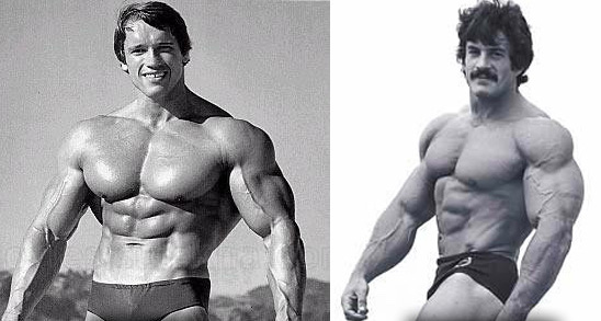 Arnold vs. Mentzer in two outdoor photos