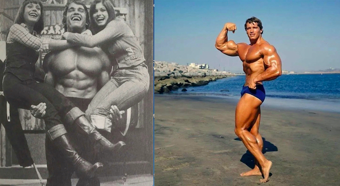 Arnold carrying two women and Arnold flexing on the beach