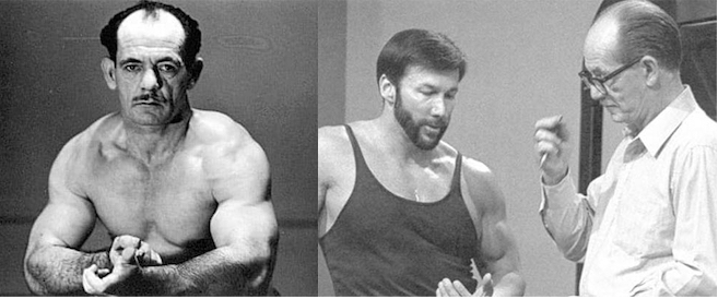 Pic of a muscular Arthur Jones next to a pic of Arthur talking to Boyer Coe