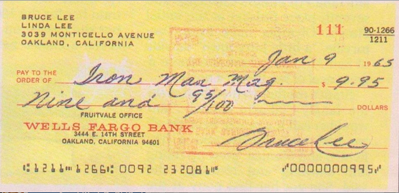 A check from Bruce Lee to Iron Man magazine for a subsrcription in 1965