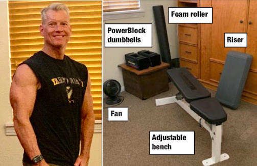 Steve in a sleeveless T looking good next to a pic of his home gym setup