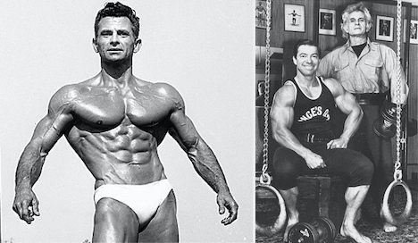 Pic of a lean and muscular Vince Gironda next to a pic of him with Larry Scott in Vince's gym