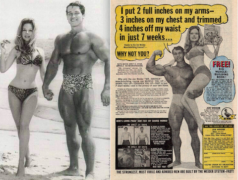 A beach pic of Arnold and Betty Weider next to one of they're old ads together