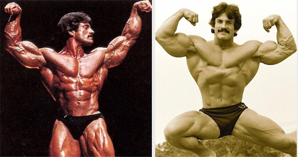 Mike Mentzer on stage at the Olmpia (left) and doing a double biceps pose outdoors (right)