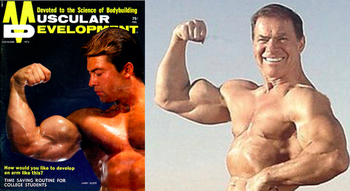 Two photos of Larry Scott flexing his big biceps
