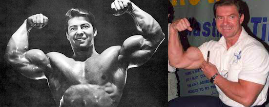 Young Larry Scott doing a double biceps pose vs older and a one-arm biceps flex in a shirt