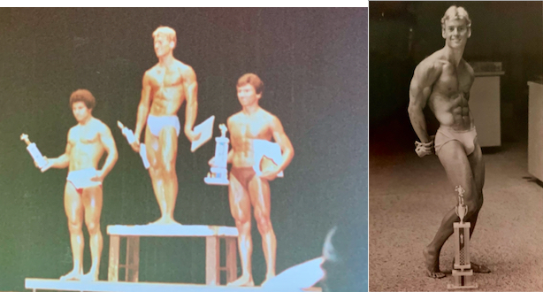 Steve winning on the top step of the podium and a pic of him doing a side triceps pose