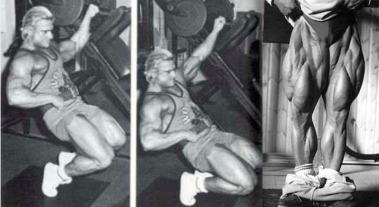 Tom Platz: sissy squats in top/bottom positions plus a freaky shot of his quads