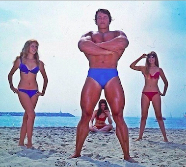 Arnold with his arms crossed on the beach and a few bikini babes checking him out
