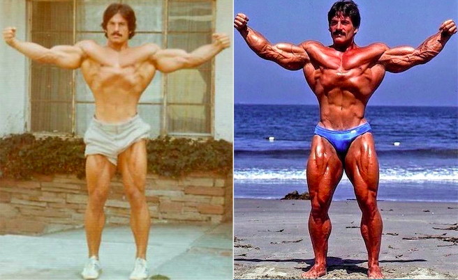 Mike Mentzer with arms wide, young vs. older on the beach