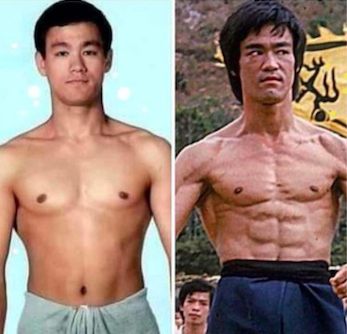 Side-by-side comparison of Bruce Lee when he was smooth compared to ripped