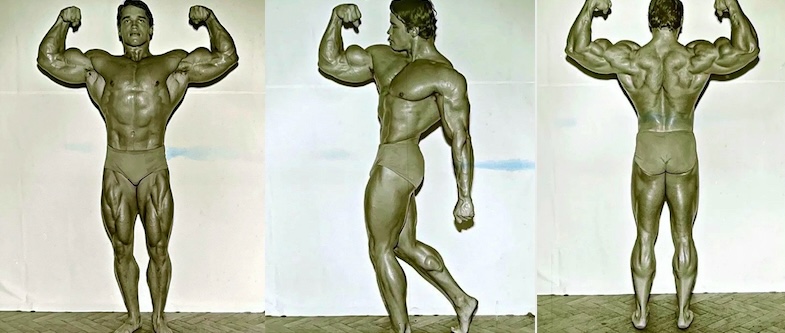 Three images of Arnold posing backstage