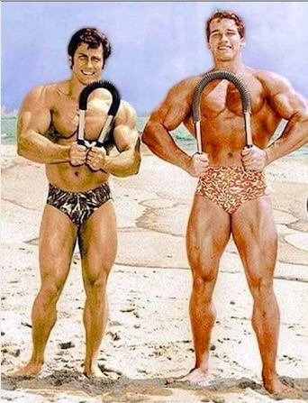 Arnold and Frank Zane on the beach with "Crushers"