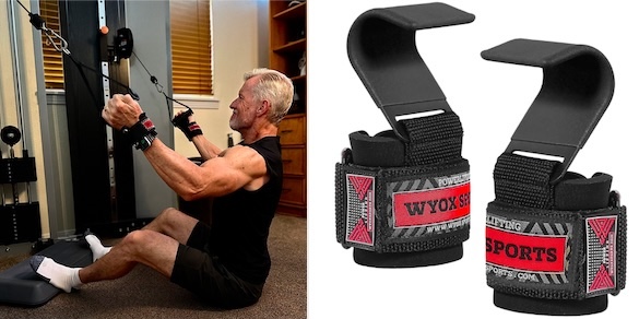 Steve demonstrating lat pull-ins next to an image of the hook straps he's using.