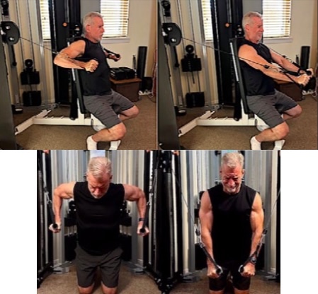 Steve demonstrating cable chest presses and cable dips