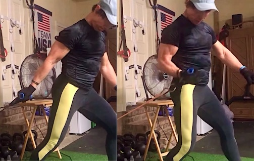 Images of Vince McConnel demonstrating stretch-partial cable curls